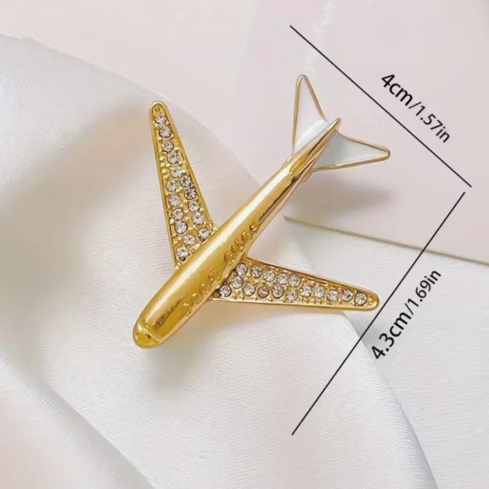 Airplane Brooch Pin - Elegant Golden-Toned with Sparkling Crystals - Picture 2 of 3